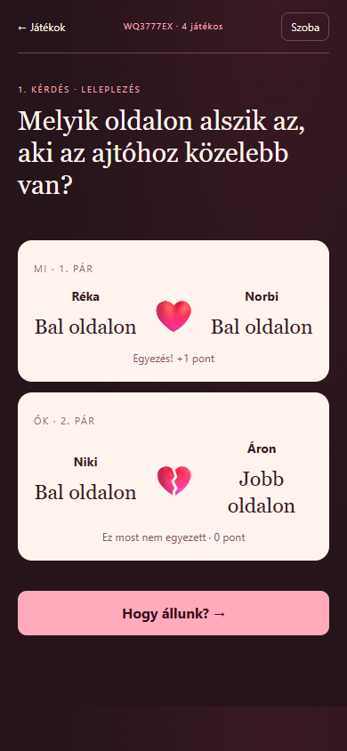 A páros játék eredményképernyője telefonon
